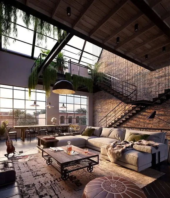 Double Height Brick Loft With Skylight And Hanging Greenery
