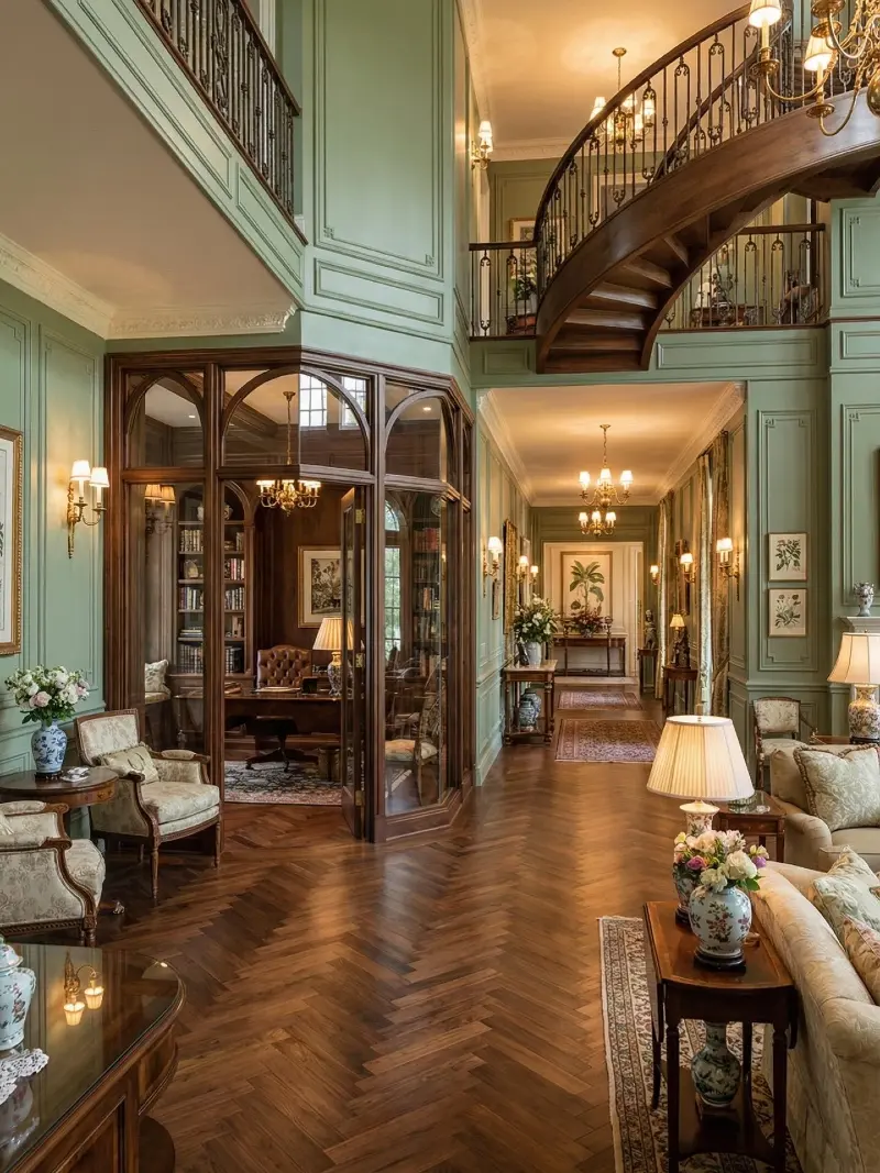 Double-Height Sage Green Paneled Grand Hall with Curved Wood Staircase and Glass Office