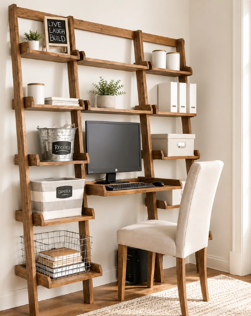 Double Leaning Ladder Desk Workstation with Labeled Fabric Bins and Open Storage