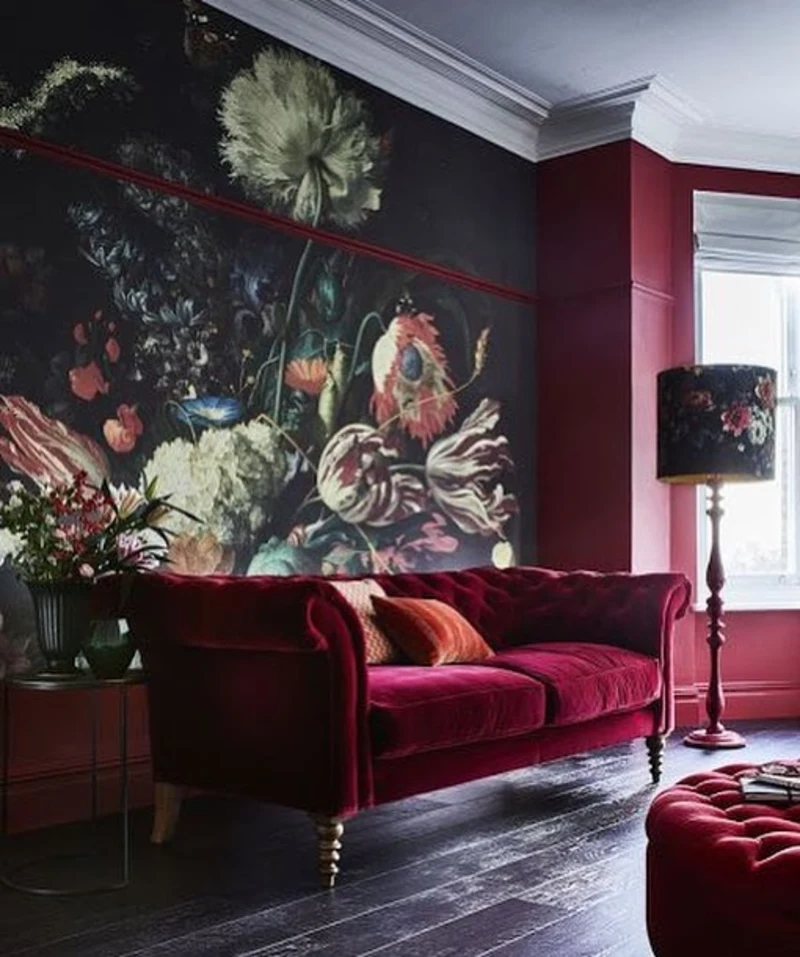 Dramatic Floral Mural with Tufted Velvet Burgundy Sofa