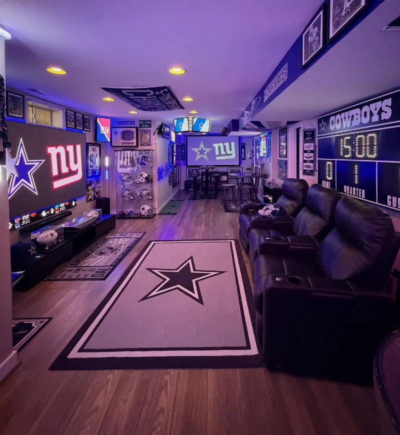 Dual-Screen Sports Cave with Wall-Mounted Scoreboard and Reclining Theater Seats