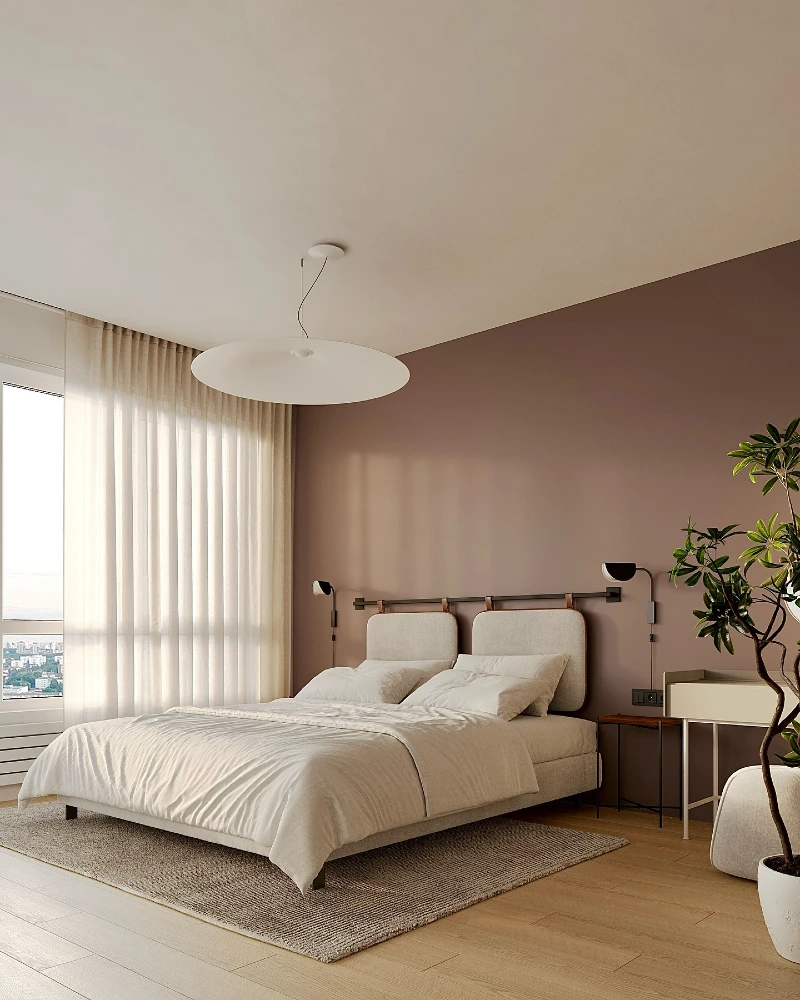 Dusty Mauve Accent Wall with an Upholstered Rail Headboard