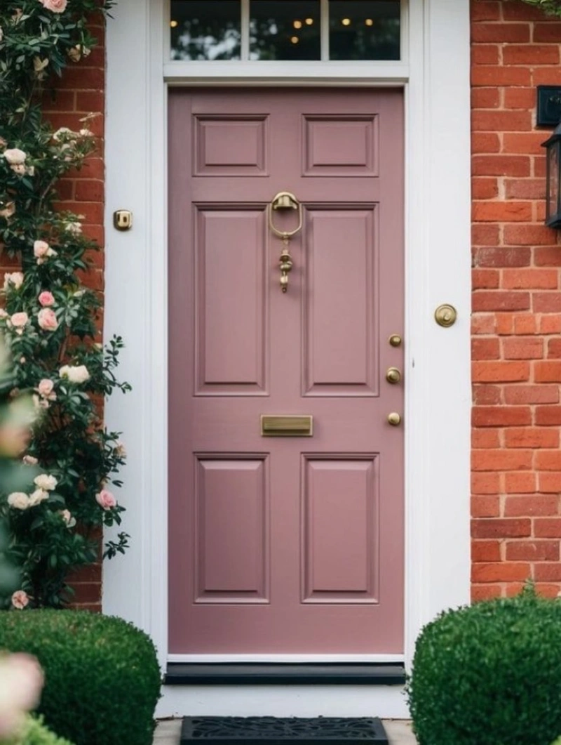 Dusty Rose Front Door with Aged Brass Hardware and Climbing Roses