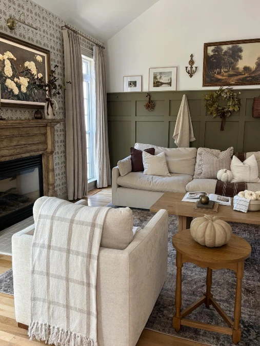 Earthy Green Paneling and Vintage Art