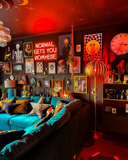 Eclectic Neon Art Walls and Deep Velvet Seating