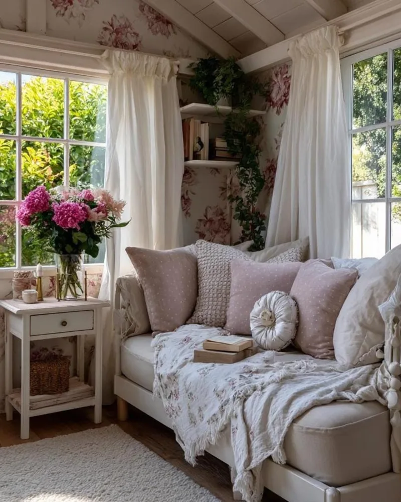 Elegant Shabby Chic Daybed Corner with Floral Wallpaper and Gauzy White Drapes