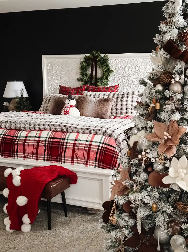Embossed White Headboard with Faux-Fur Throw and Flocked Tree Foreground