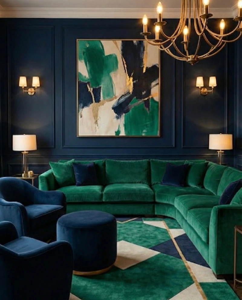 Emerald Sectional with Navy Chairs and Geometric Jewel Tone Rug