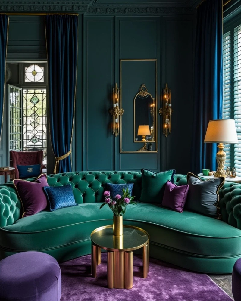 Emerald Velvet Sofa with Plum Rug and Sapphire Drapes