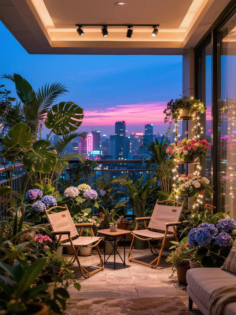 Evening Balcony Garden with Tropical Plants and Twinkling Shelf Lights