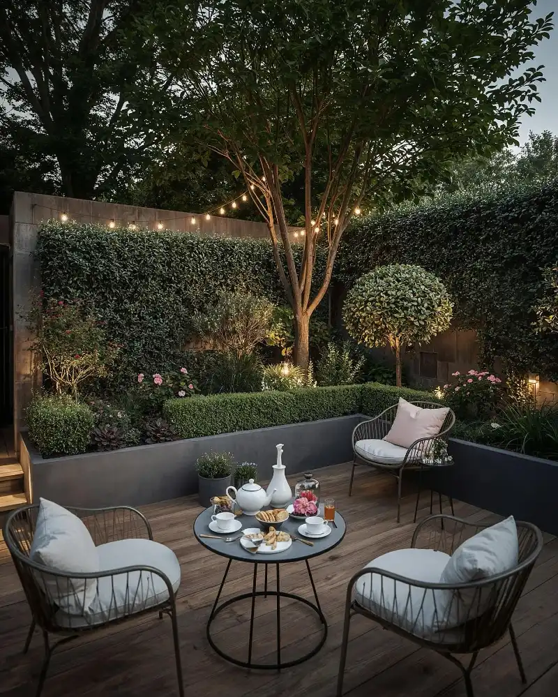 Evening Garden Lounge with Sculpted Hedges and Soft Bistro Lighting