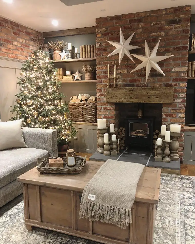 Exposed Brick Fireplace with Wooden Coffee Chest and Star Accents