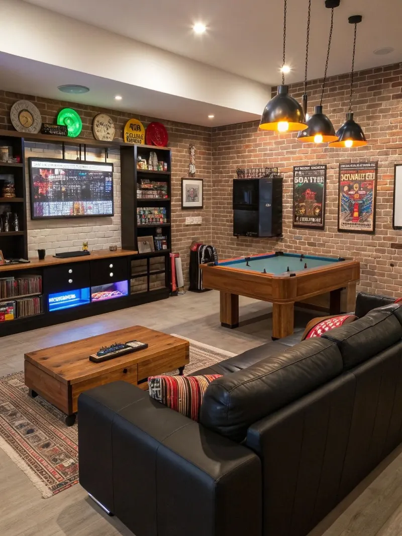 Exposed Red Brick Wall with Wooden Bumper Pool Table and Black Leather Sofa