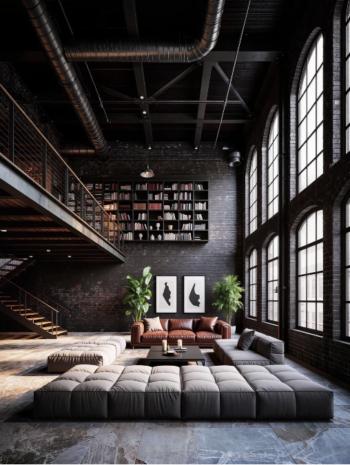 Factory Loft Living Room With Exposed Ductwork And Arched Windows