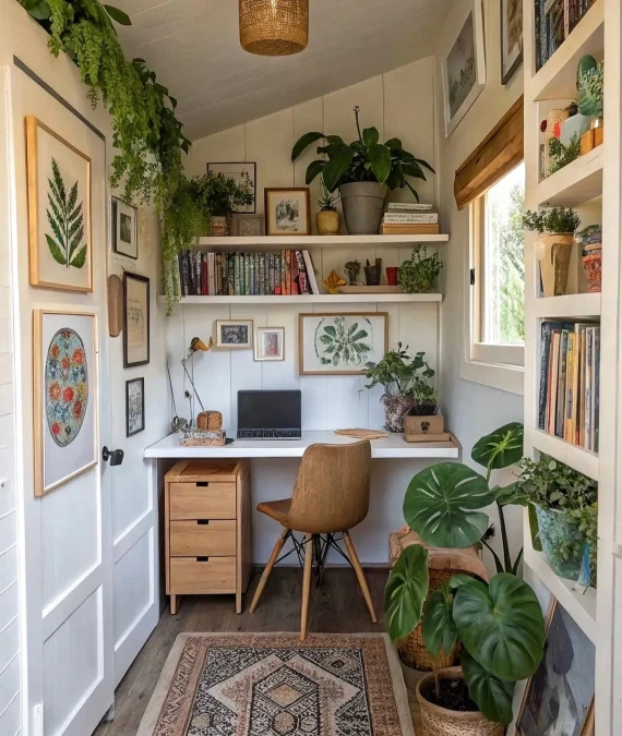 Fill a Narrow Closet Office With Plants and Warm Wood