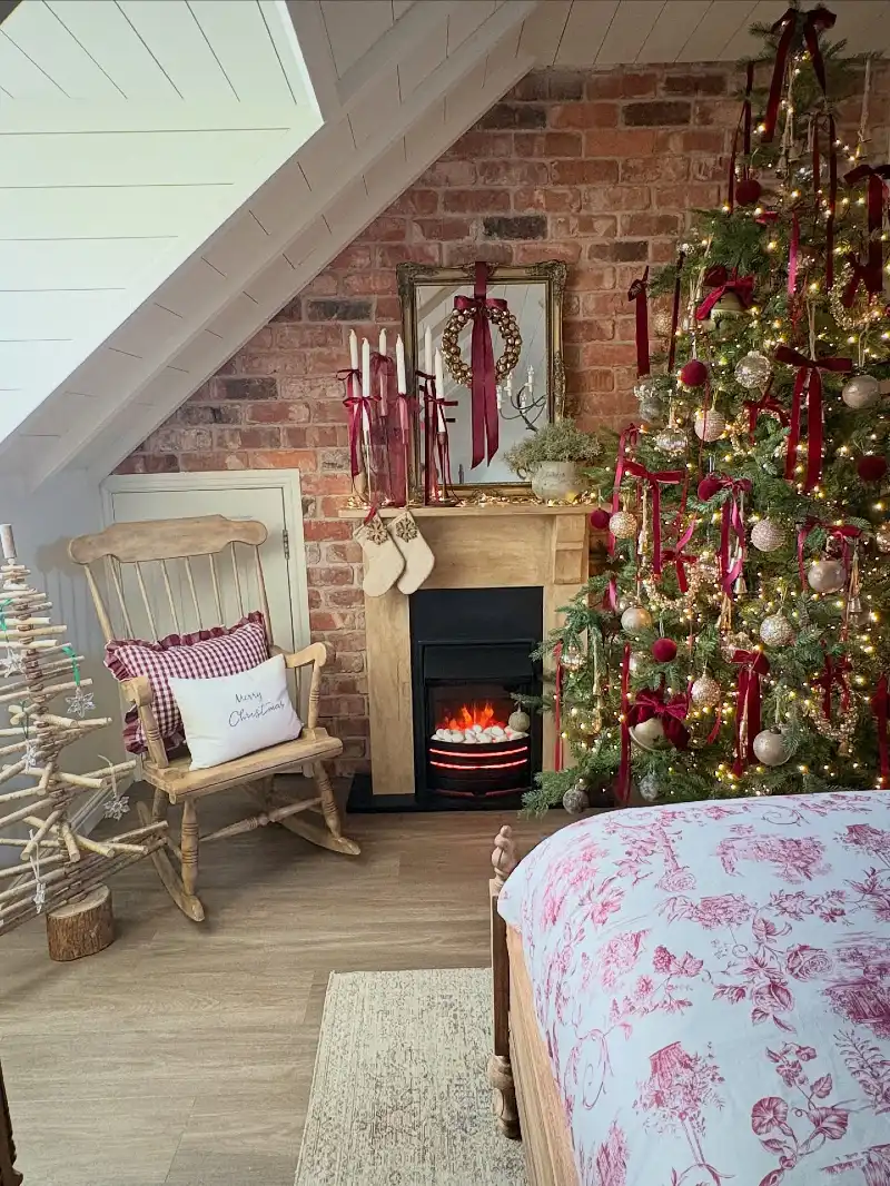 Fireplace Hearth with Velvet Bow Tree, Rocking Chair, and Toile Bedding Corner
