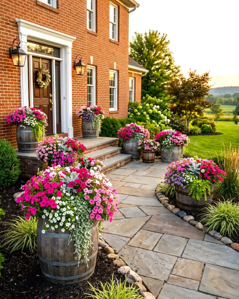 Flagstone Entry Path with Flower-Filled Barrel Planters and Soft Garden Edges