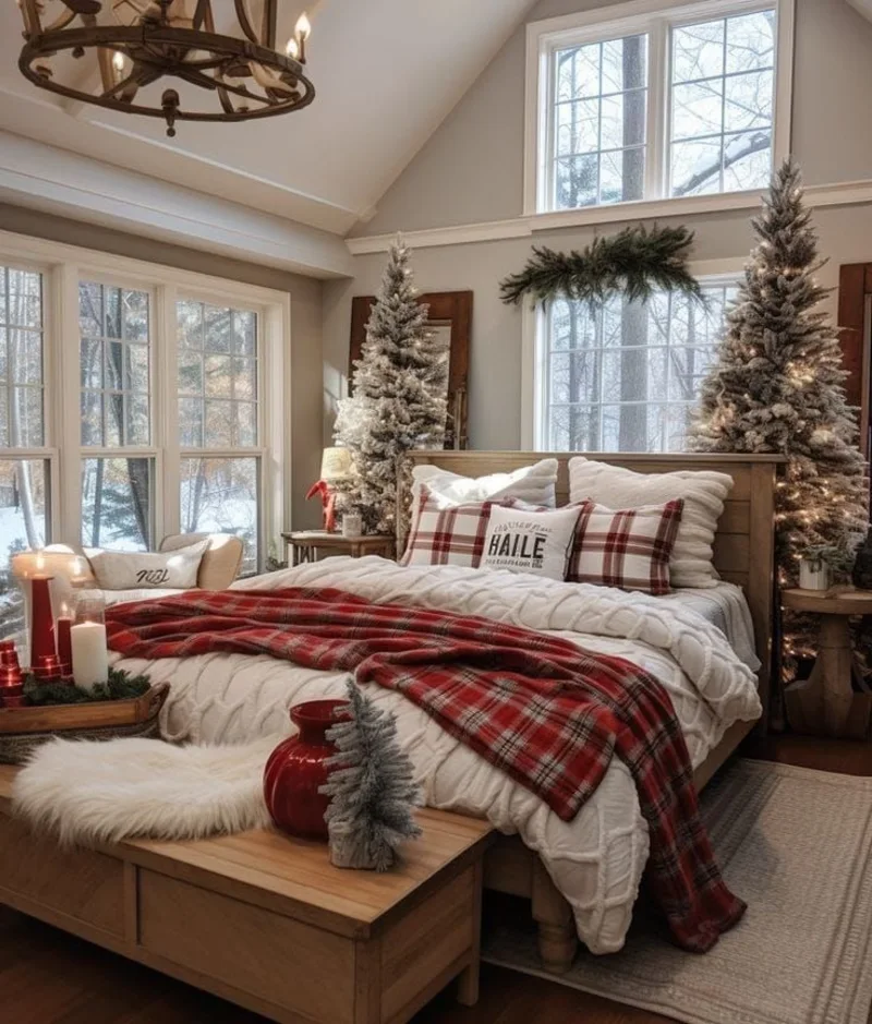 Flanked Flocked Trees with Textured Cable-Knit Duvet and Plaid Accents