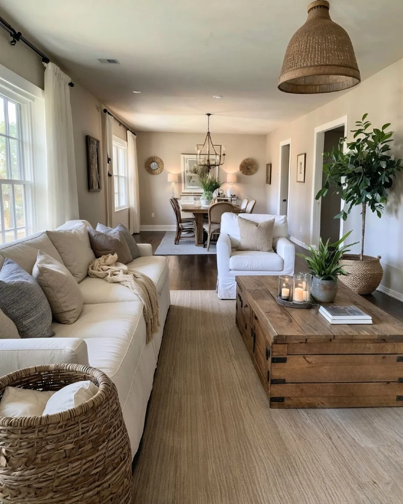  Floating Conversation Zone with Rustic Trunk Coffee Table and Dining Transition
