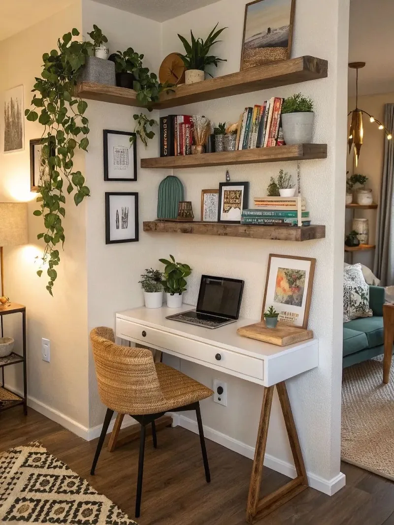Floating Corner Desk with Rustic Wood Shelves and Cascading Houseplants