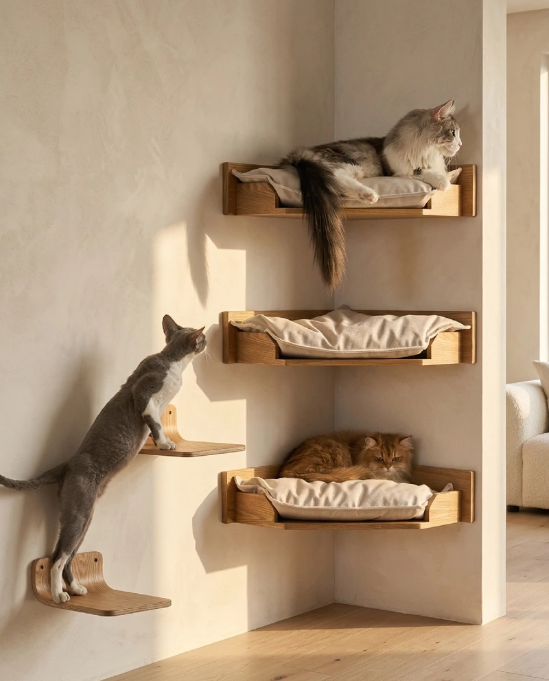 Floating Corner Shelves with Plush Cream Cushions
