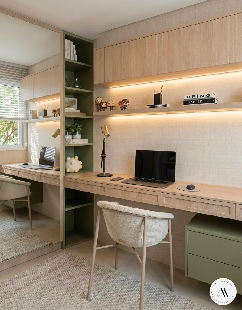  Floating Desk with Backlit Shelves and Full Height Mirror Panel