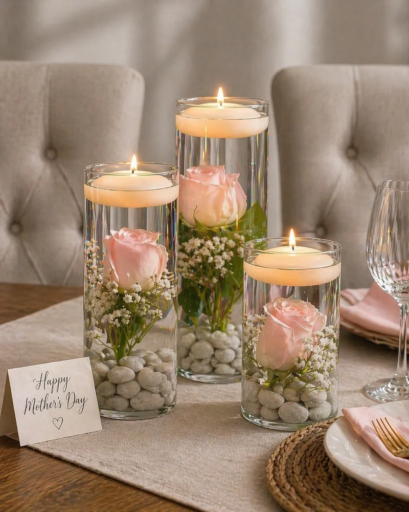 Floating Disc Candles in Glass Cylinders with Submerged Pink Roses and Pebbles