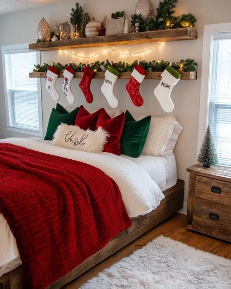 Floating Mantels with Hanging Stockings, Velvet Pillows, and Textured Red Quilt