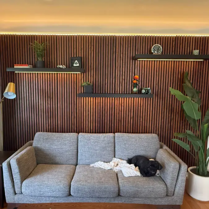 Floating Shelves on Dark Slatted Wood