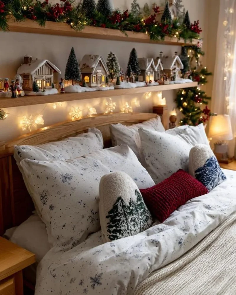 Floating Shelves with a Lighted Christmas Village and Snowflake Bedding
