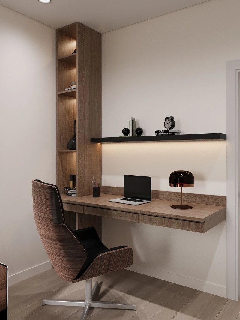Floating Walnut Desk with Backlit Shelf and Built In Display Tower