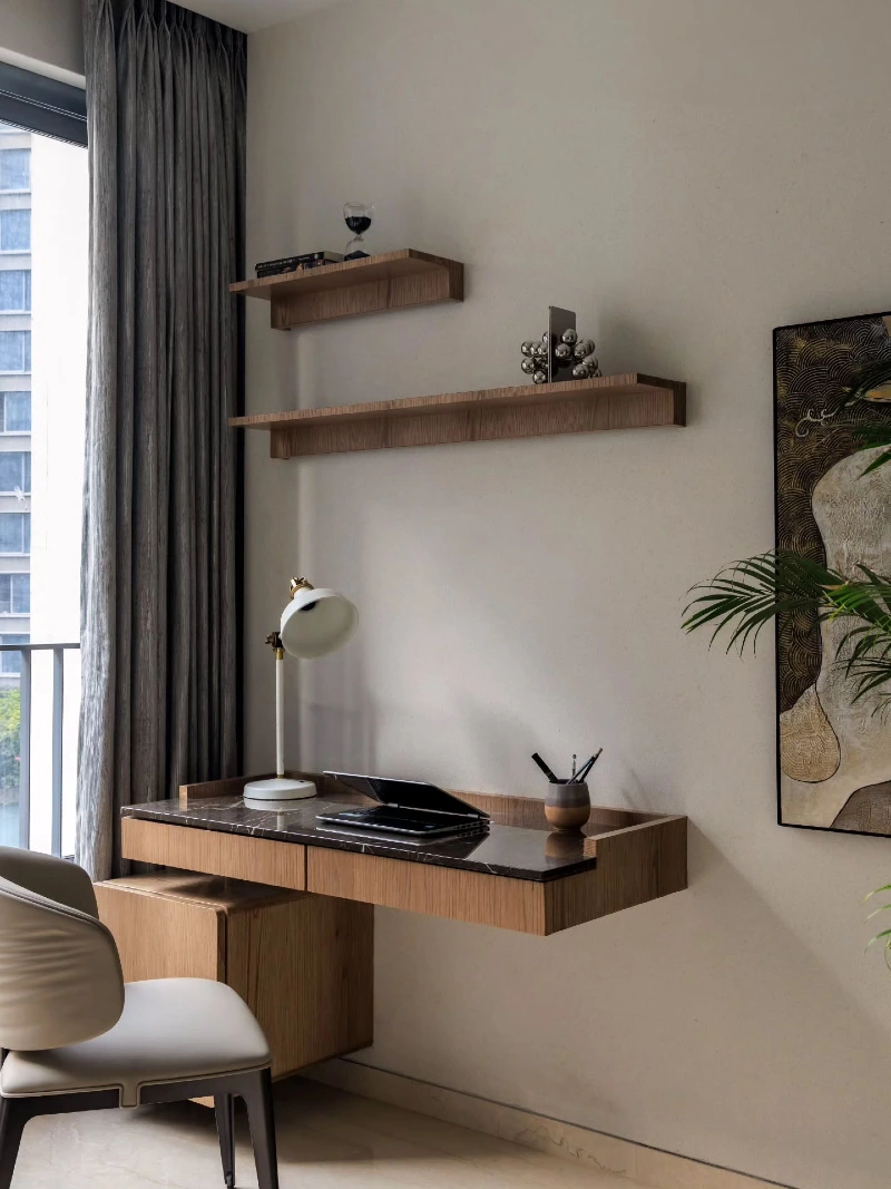 Floating Walnut Desk with Stone Top and Minimal Display Shelves