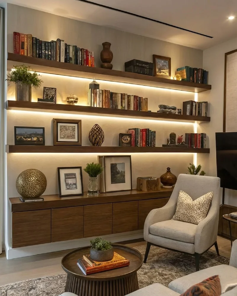 Floating Walnut Shelving with Under-Cabinet LED Glow