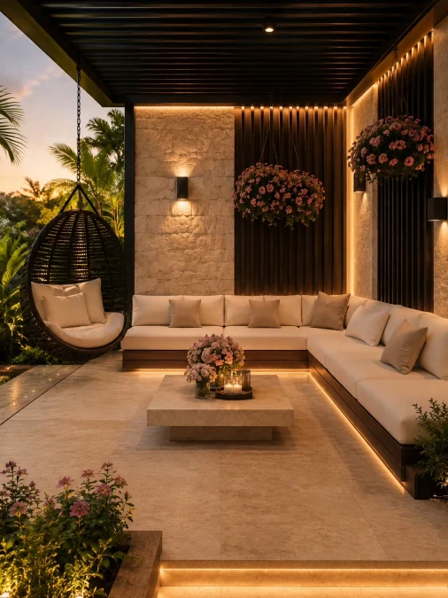 Floating White Sectionals And Dark Wood Slats