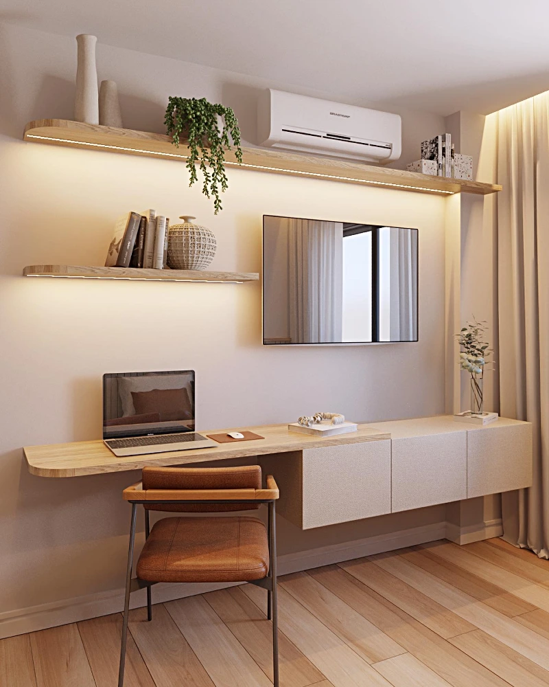 Floating Wood Desk with LED Shelves and Wall Mounted Media Console