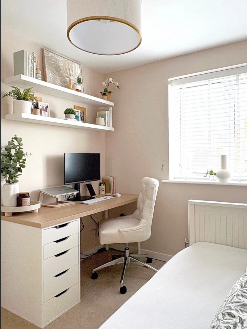 Floating Wood Desk with Wall Mounted Shelves and Minimal Storage Cabinet