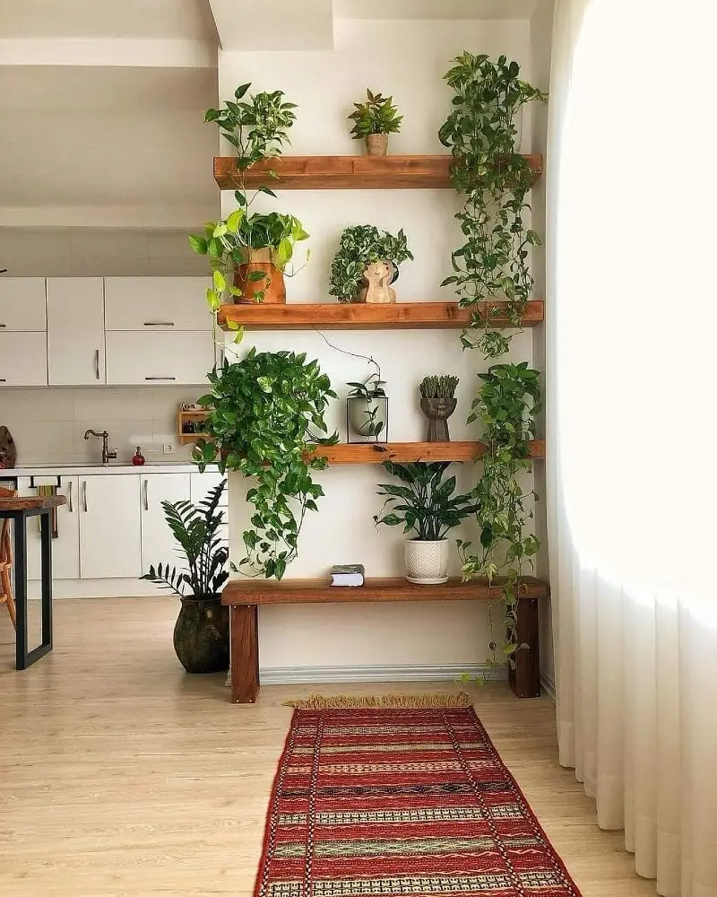 Floating Wood Shelves with Cascading Pothos and Low Matching Bench