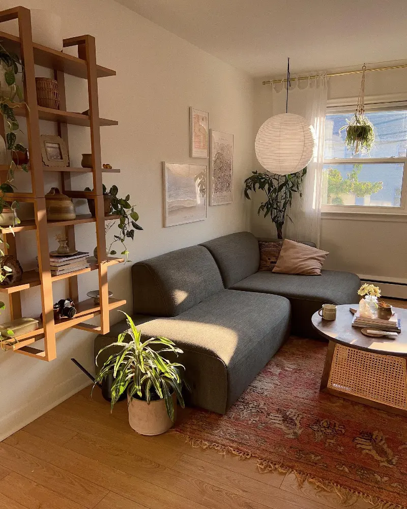 Floating Wood Shelves with a Charcoal Chaise and Plant Filled Corners
