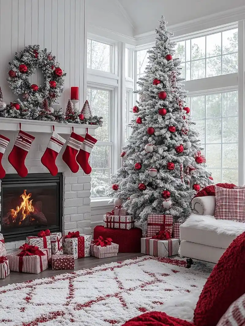 Flocked Tree with Vibrant Red Ornaments and White Brick Fireplace