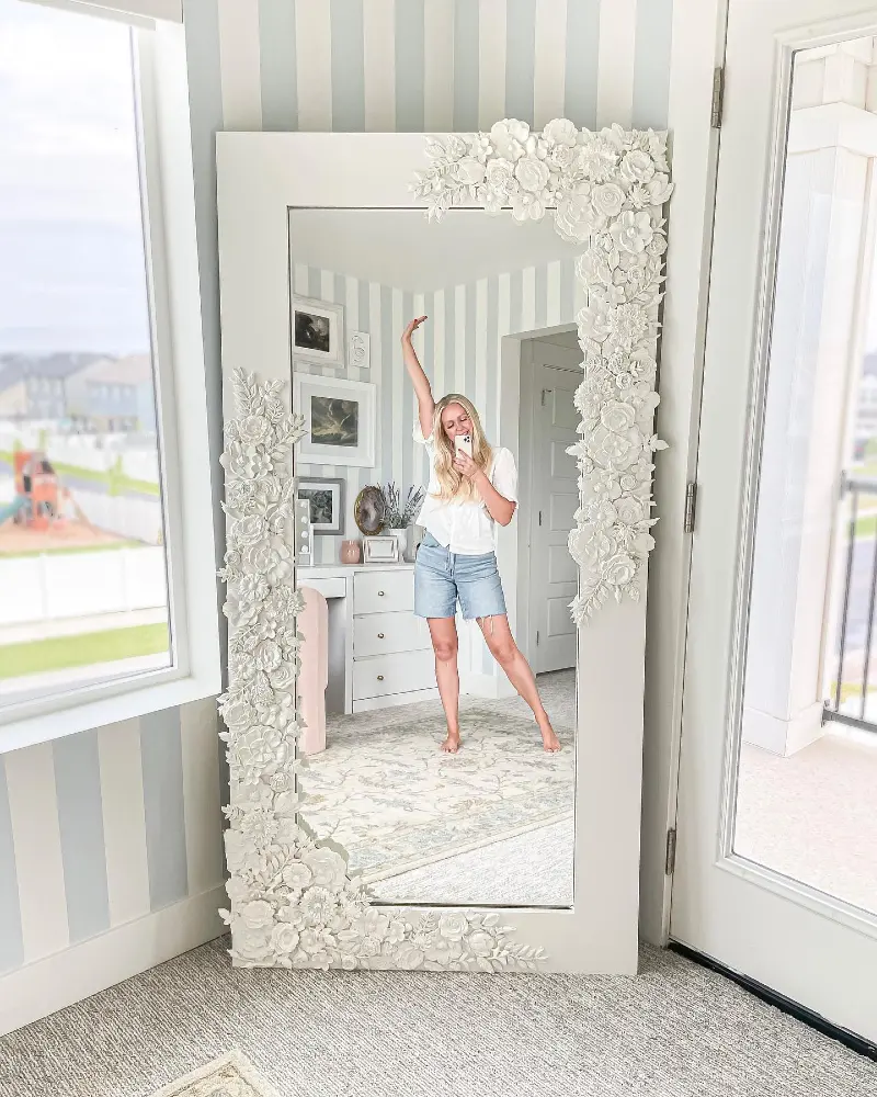 Floor Mirror Embellished with Dense Clay Floral Reliefs