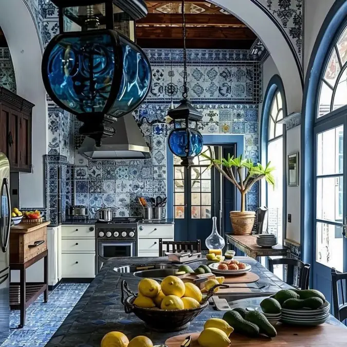 Floor to Ceiling Blue Tiles and Blown Glass