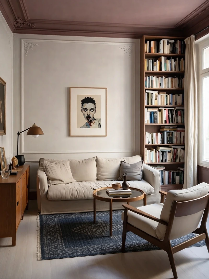 Floor to Ceiling Bookcase with a Cream Sofa and Deep Blue Rug