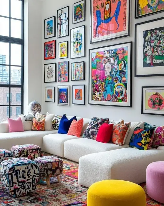 Floor to Ceiling Neon Gallery Wall Over White Seating