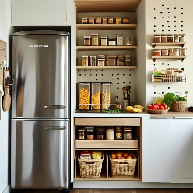 Floor to Ceiling Pantry Column Uses Every Inch Between Fridge and Wall