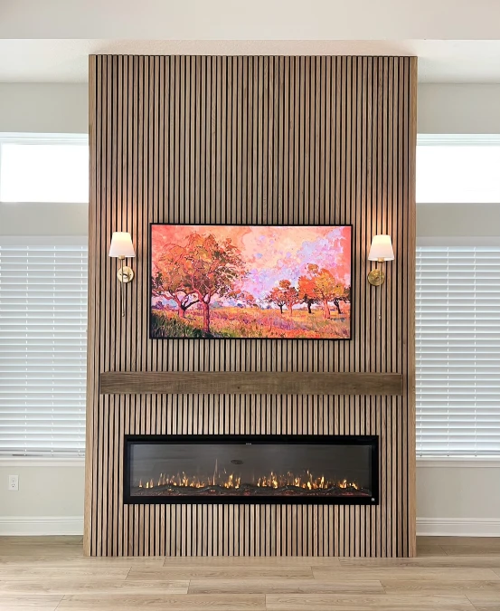 Floor to Ceiling Slat Fireplace Bump Out