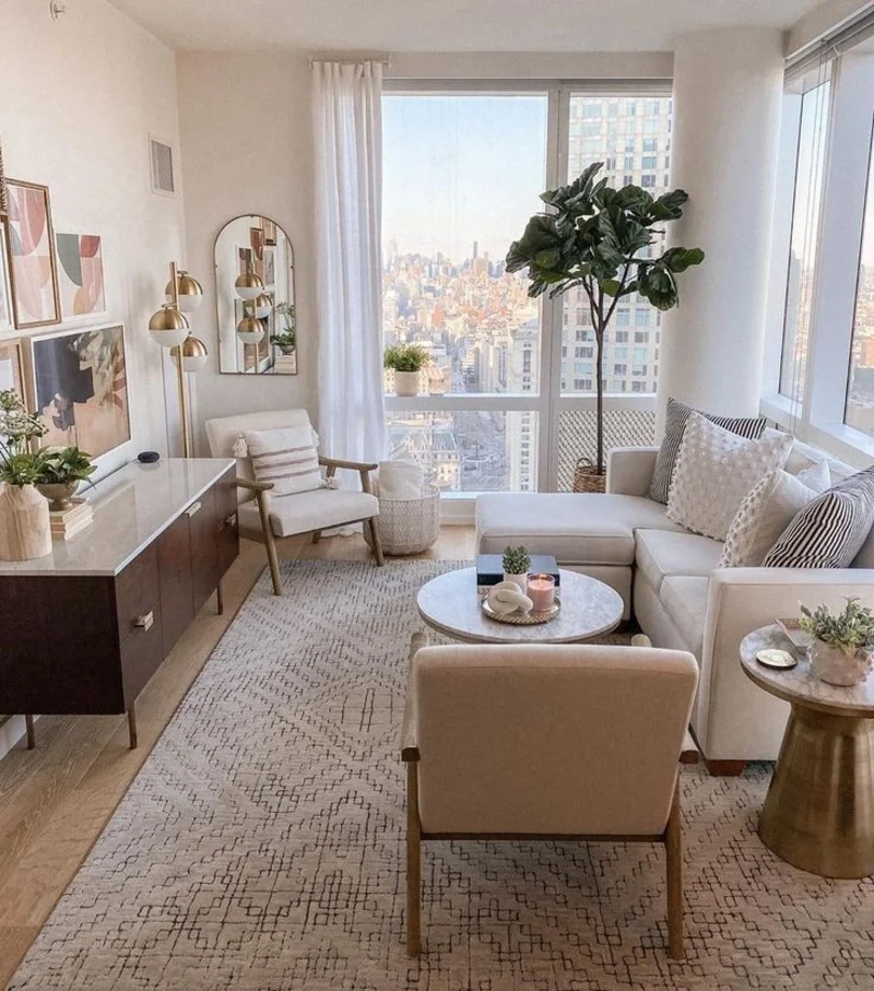 Floor to Ceiling Windows with a Cream Sectional and Soft Neutral Layers