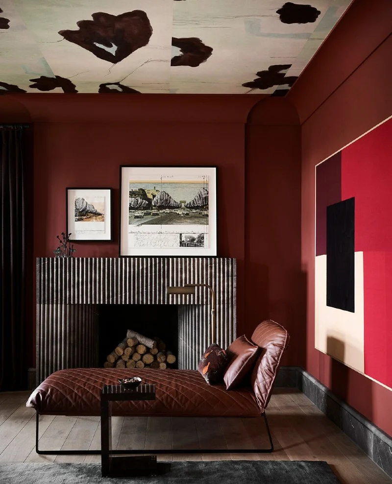 Fluted Stone Fireplace with Quilted Leather Chaise