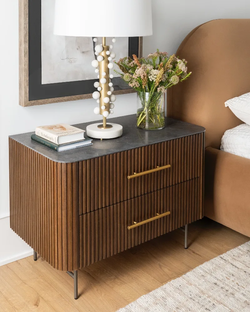 Fluted Walnut Rounded Nightstand with Stone Top and Spherical Brass Lamp