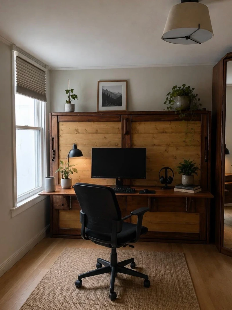 Fold Down Wall Desk Hidden Inside Rustic Wood Cabinet Doors