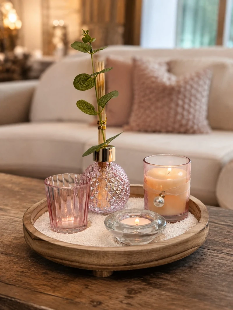 Footed Wooden Sand Tray with Pink Glass Candles, Pearl Charm Jar, and Reed Diffuser